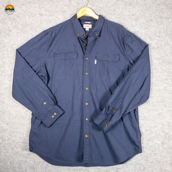 Carhartt Button-Up Shirt Blue Long Sleeve Relaxed Fit Collared Men's Size 2XL - Picture 1 of 10